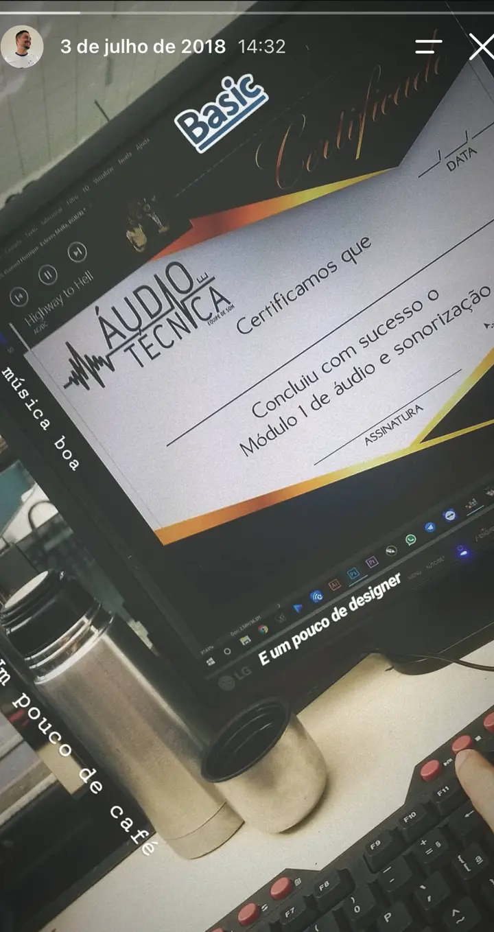 Story do Instagram: Certificado de conclusão do módulo 1 do curso de áudio Áudio Técnica.