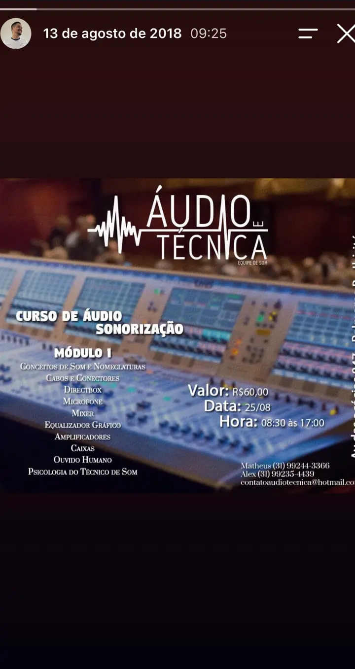 Story do Instagram: Divulgação do curso de áudio e sonorização Áudio Técnica, módulo 1.